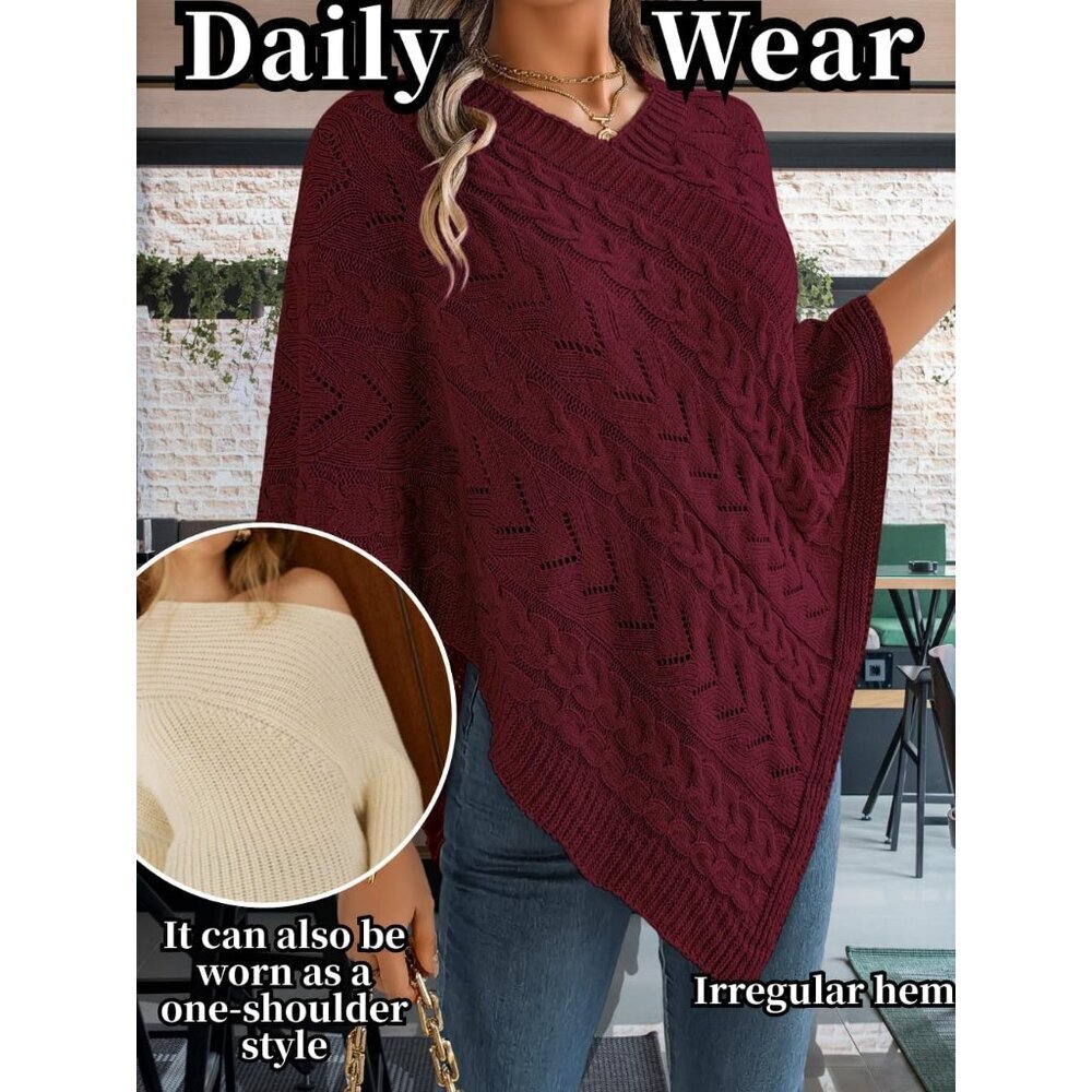 Women Knit Poncho Sweater Irregular Hollow Out Cape Top Casual Fall Winter - Picture 7 of 7